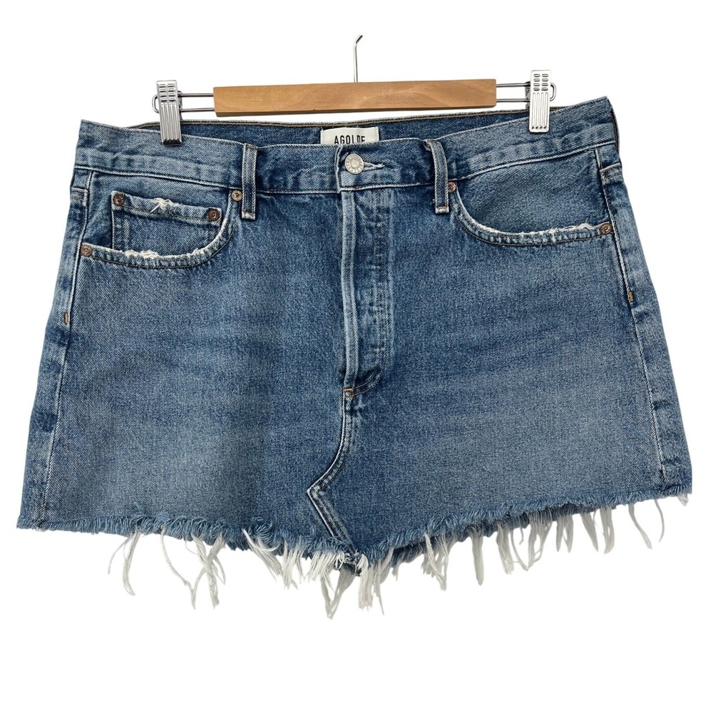 AGOLDE Parker Angled‎ Denim Mini Skirt Medium Wash Blue Size 32 MSRP $168